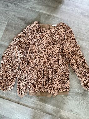 Leopard Print Long-Sleeve Peplum Blouse - Tan/Black